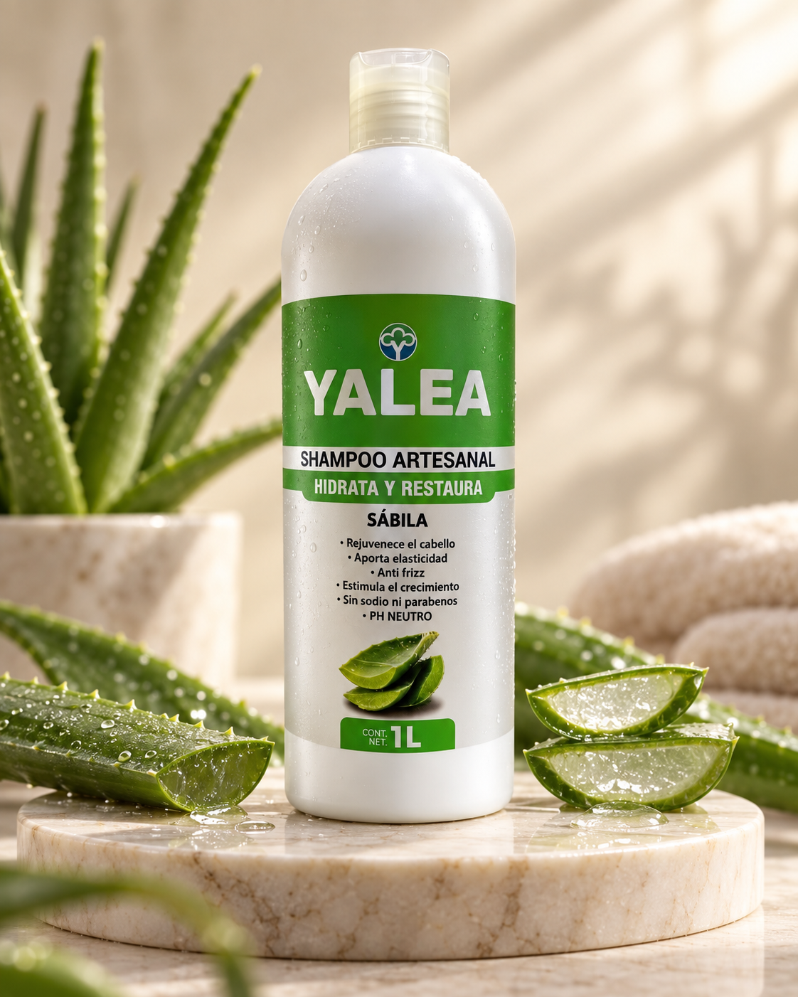 Shampoo de sábila YALEA entre hojas de aloe y luz natural